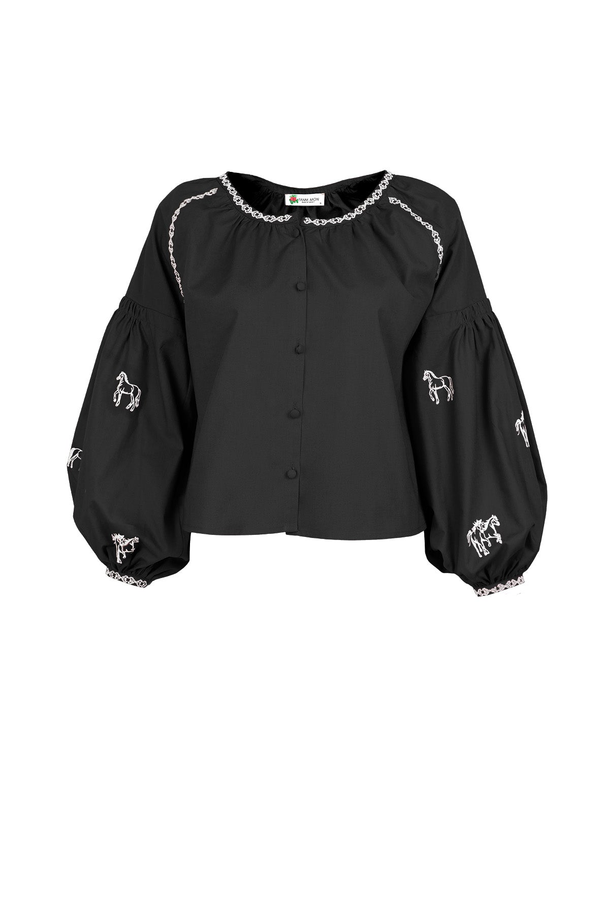 Fanm Mon Aksu horse embroidered blouse in black with voluminous balloon sleeves and contrast embroidered trim