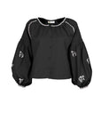 Fanm Mon Aksu horse embroidered blouse in black with voluminous balloon sleeves and contrast embroidered trim