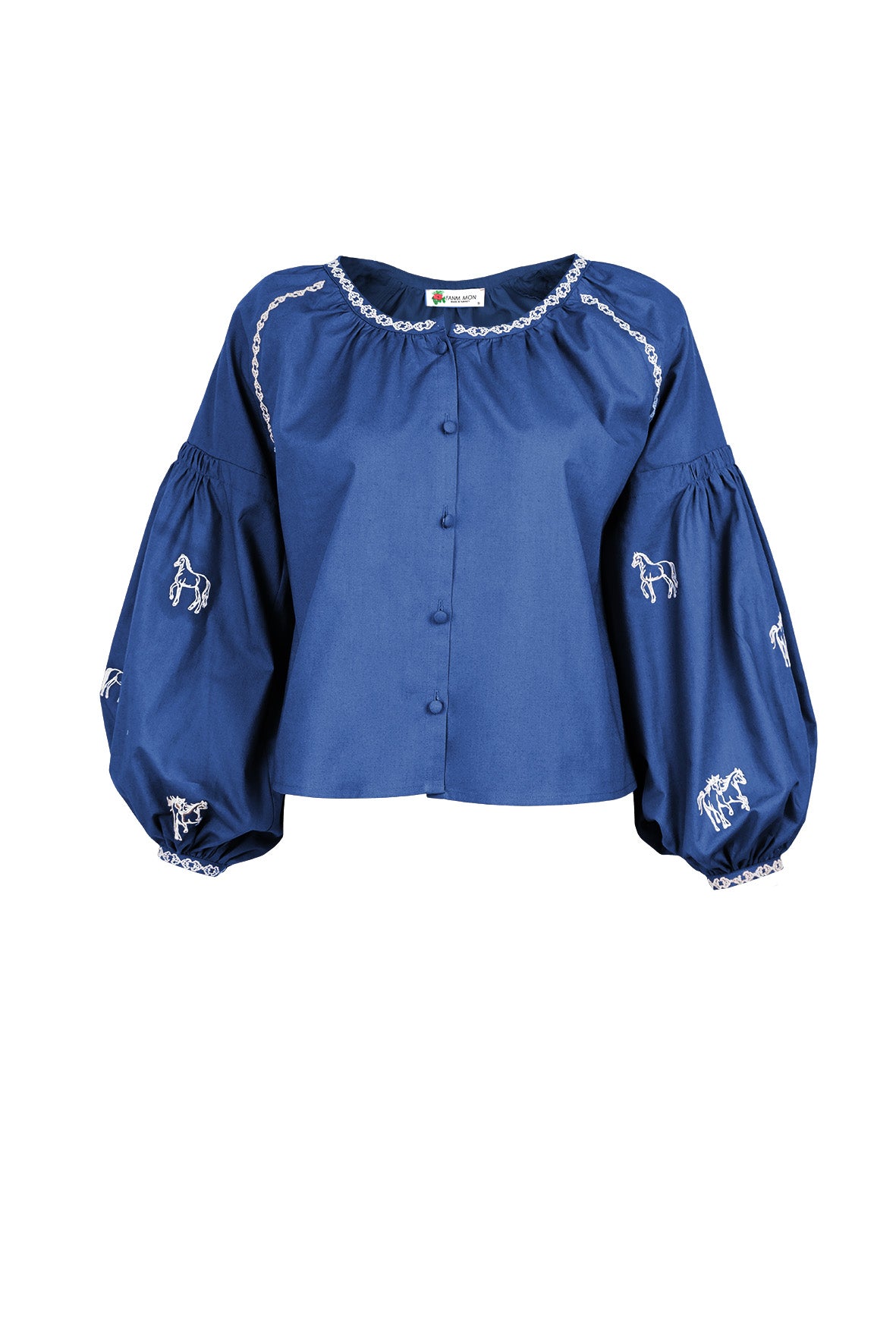 Fanm Mon Aksu horse embroidered blouse in deep blue with voluminous balloon sleeves and contrast embroidered trim