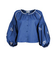 Fanm Mon Aksu horse embroidered blouse in deep blue with voluminous balloon sleeves and contrast embroidered trim
