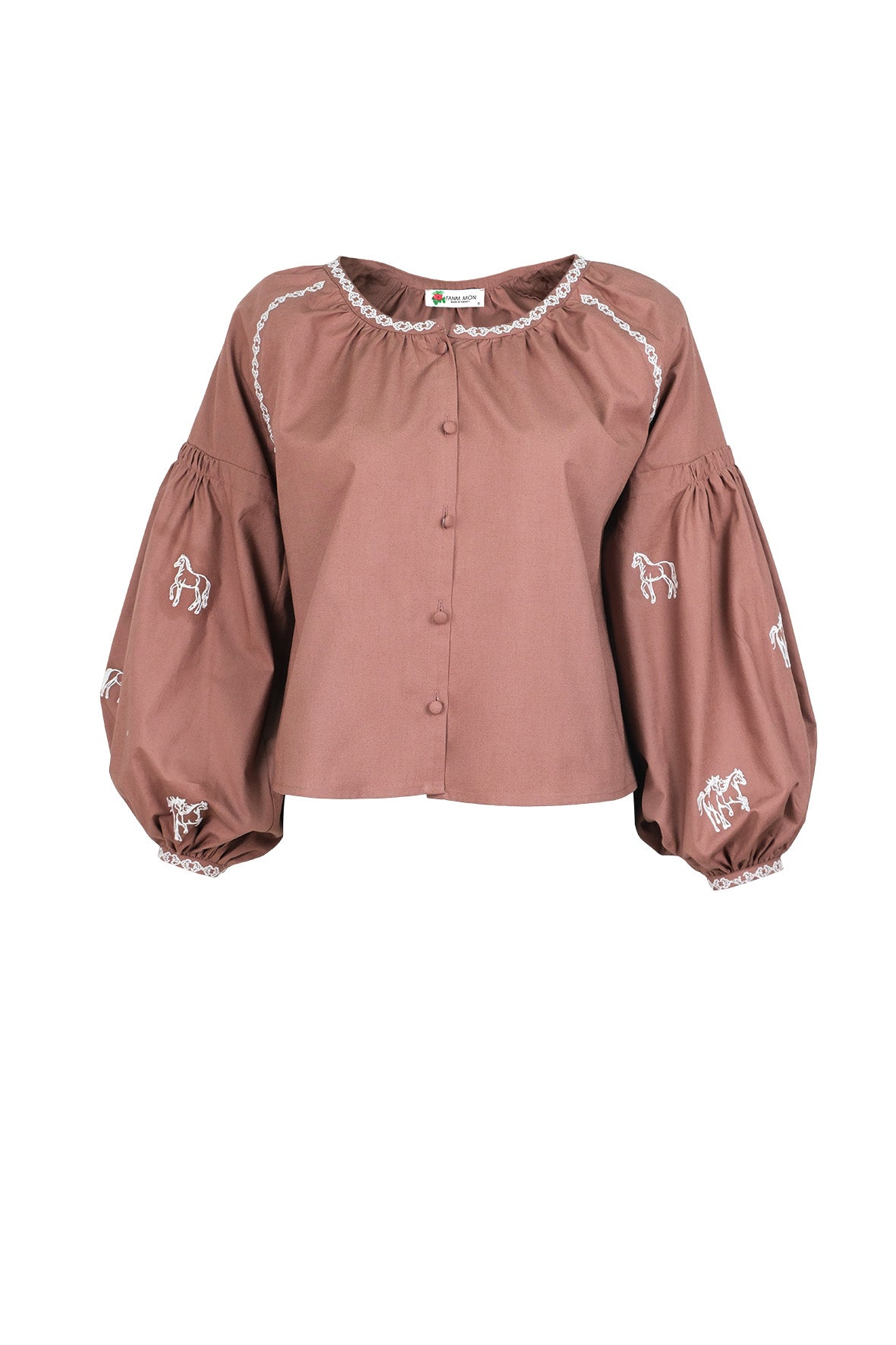 Fanm Mon Aksu horse embroidered blouse in espresso with voluminous balloon sleeves and contrast embroidered trim