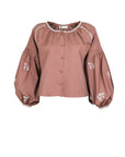 Fanm Mon Aksu horse embroidered blouse in espresso with voluminous balloon sleeves and contrast embroidered trim