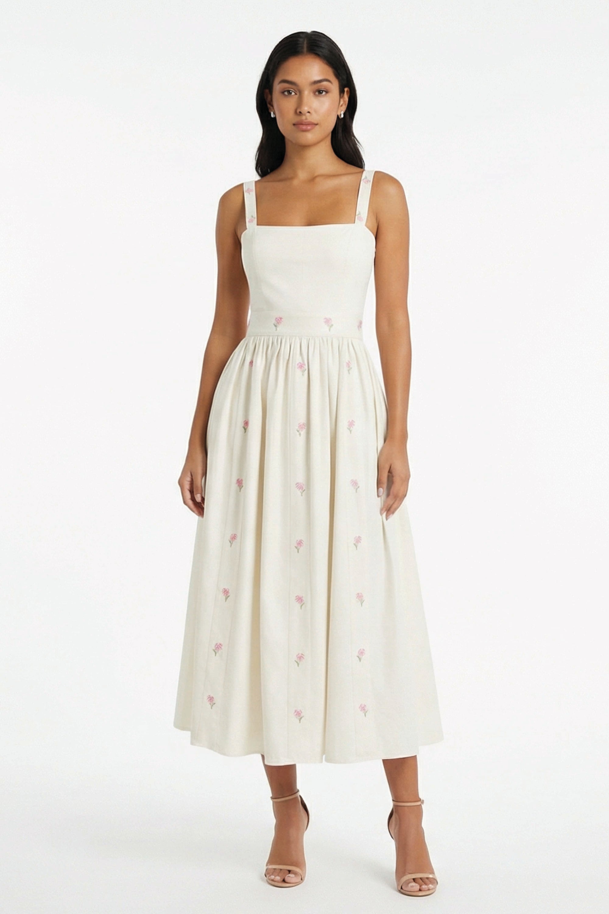 Fanm Mon Arya Dress featuring delicate hydrangea embroidery, a square neckline, wide straps, and a gathered midi skirt.
