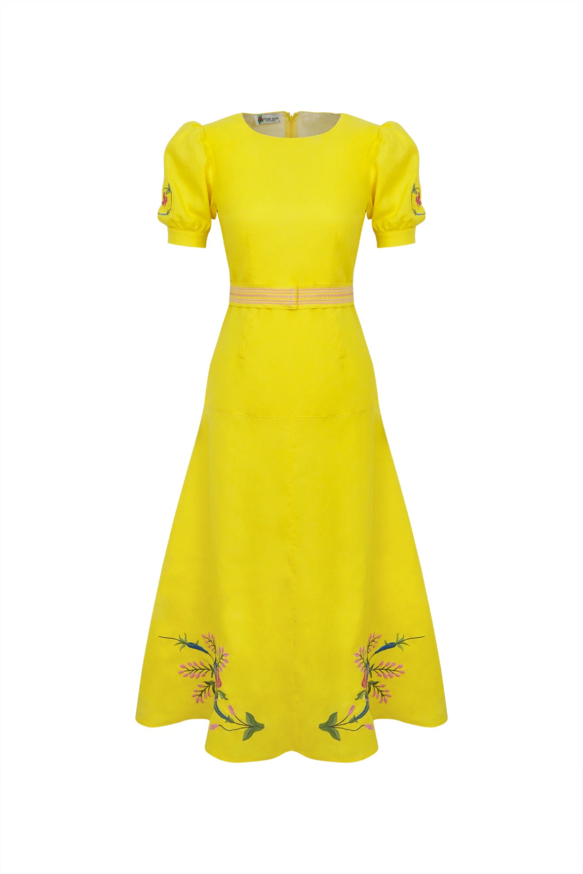 Fanm Mon Aysin Dress. 
Yellow dress with floral embroidery on a white background