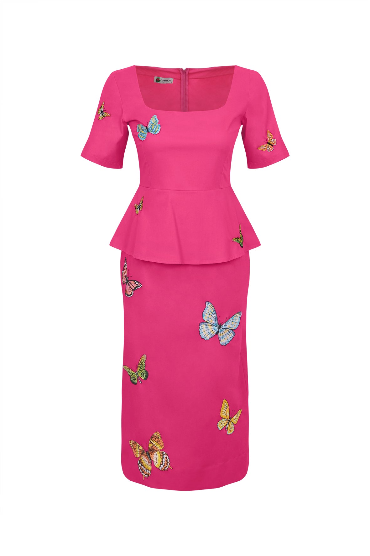 Fanm Mon Beren Dress. Pink dress with butterfly patterns on a white background