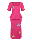 Fanm Mon Beren Dress. Pink dress with butterfly patterns on a white background