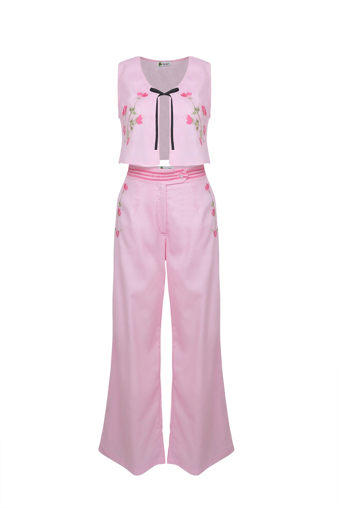 Pink sleeveless top and wide-leg pants set on a white background. Fanm Mon Betul Set.