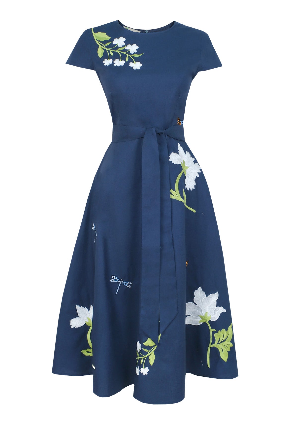 Fanm Mon Burma Dress featuring hand-embroidered anemones, jasmine blossoms, dragonflies, and butterflies on a classic A-line midi silhouette with a removable self-tie waist belt.