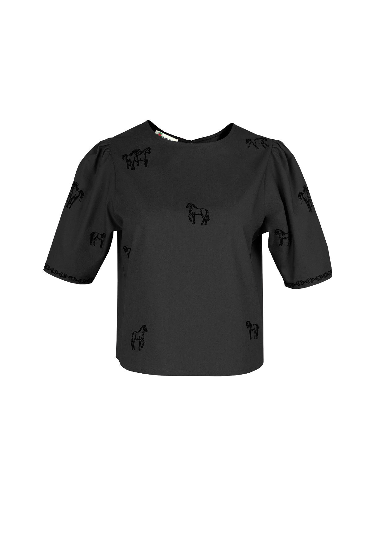 Fanm Mon Cait horse embroidered top in black with tonal horse motifs and puff sleeves.