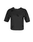 Fanm Mon Cait horse embroidered top in black with tonal horse motifs and puff sleeves.
