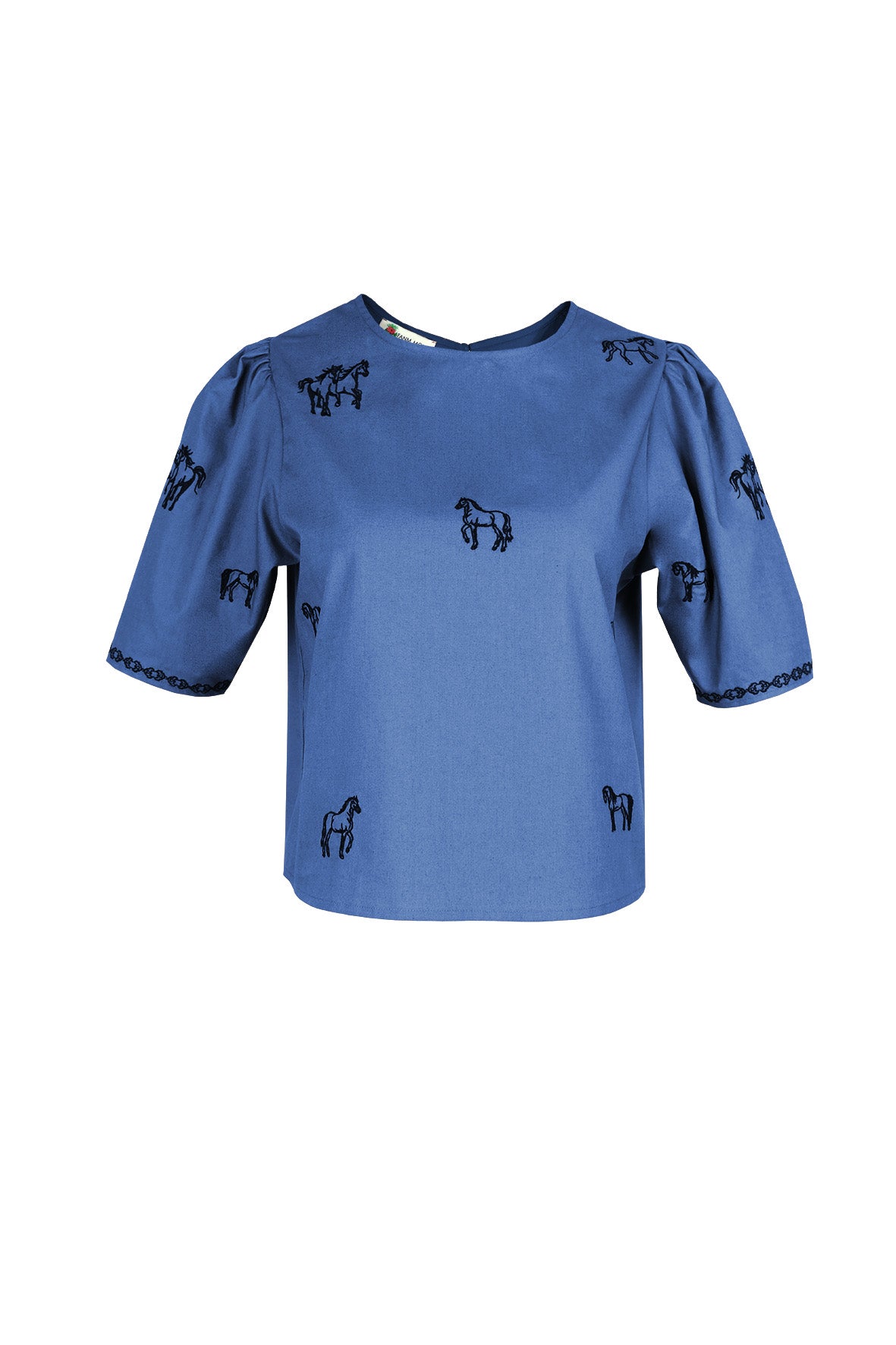 Fanm Mon Cait horse embroidered top in deep blue with puff sleeves and contrast horse motifs