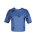 Fanm Mon Cait horse embroidered top in deep blue with puff sleeves and contrast horse motifs