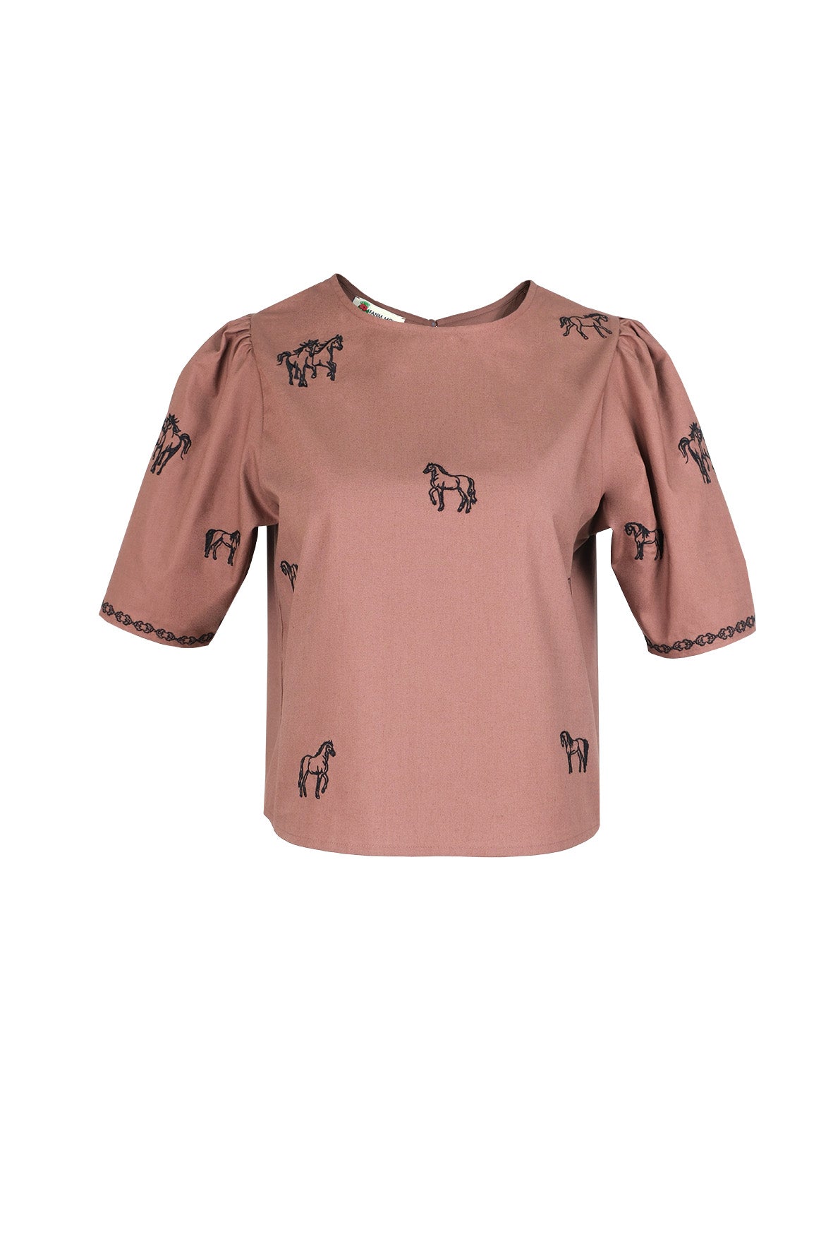 Fanm Mon Cait horse embroidered top in espresso with puff sleeves and contrast horse motifs