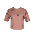 Fanm Mon Cait horse embroidered top in espresso with puff sleeves and contrast horse motifs