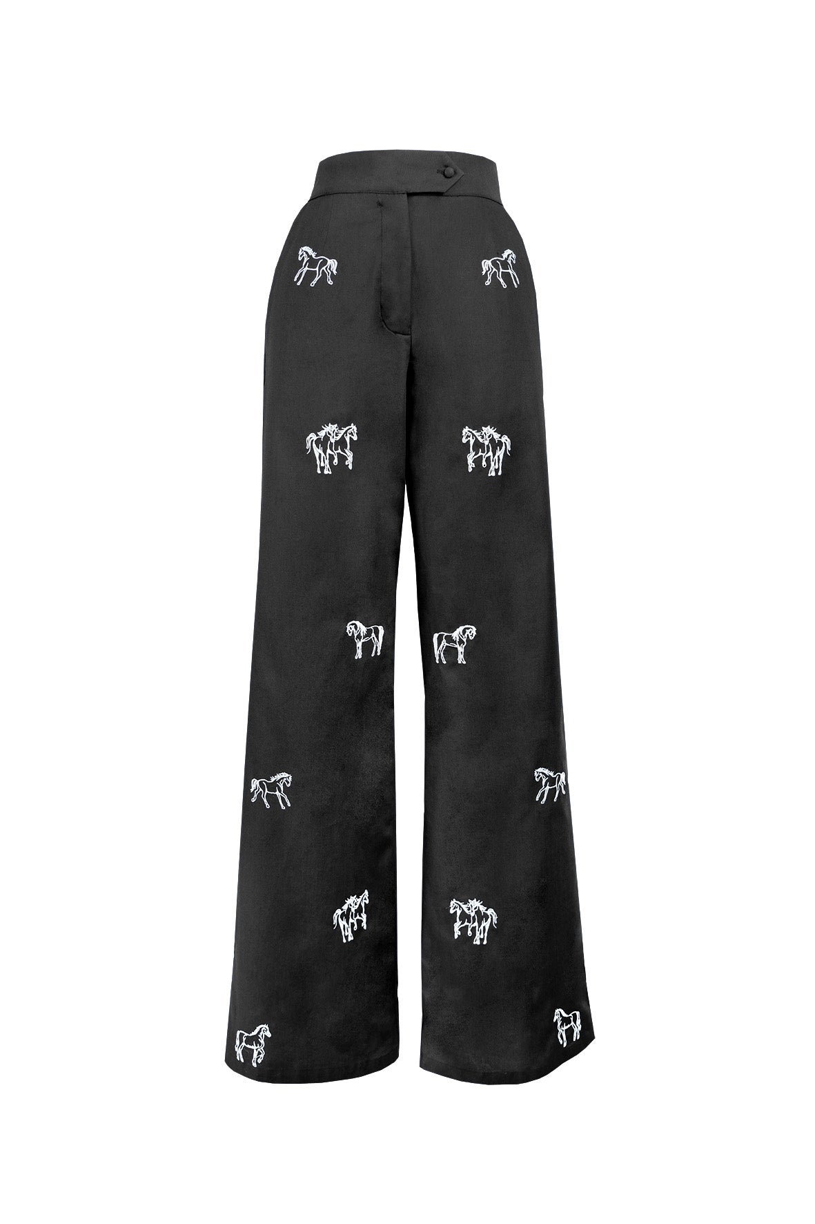 Fanm Mon Cassi Pant in black with white horse embroidery and a high-rise wide-leg silhouette