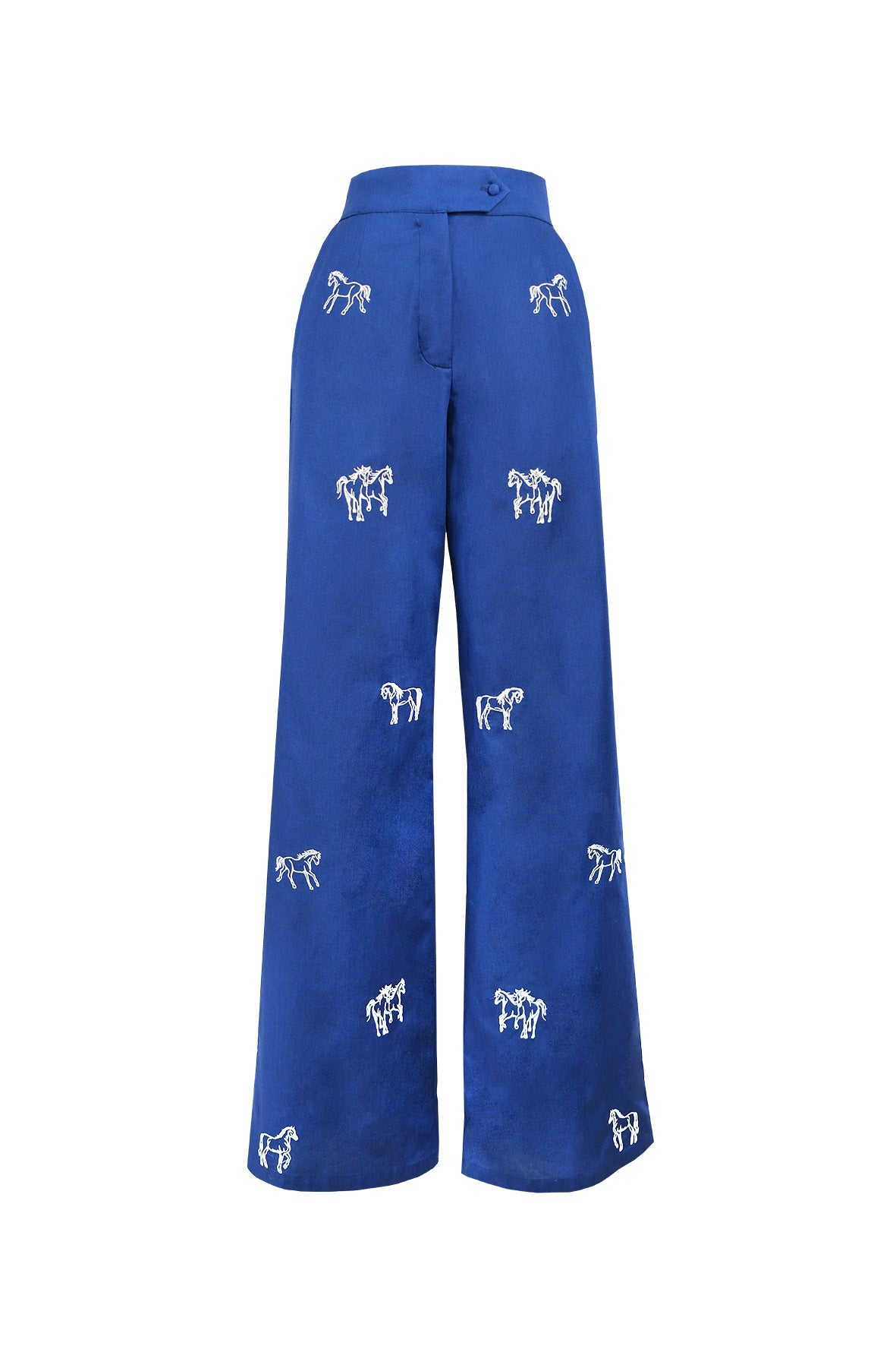 Fanm Mon Cassi Pant in Indigo 
blue with white horse embroidery and a high-rise wide-leg silhouette