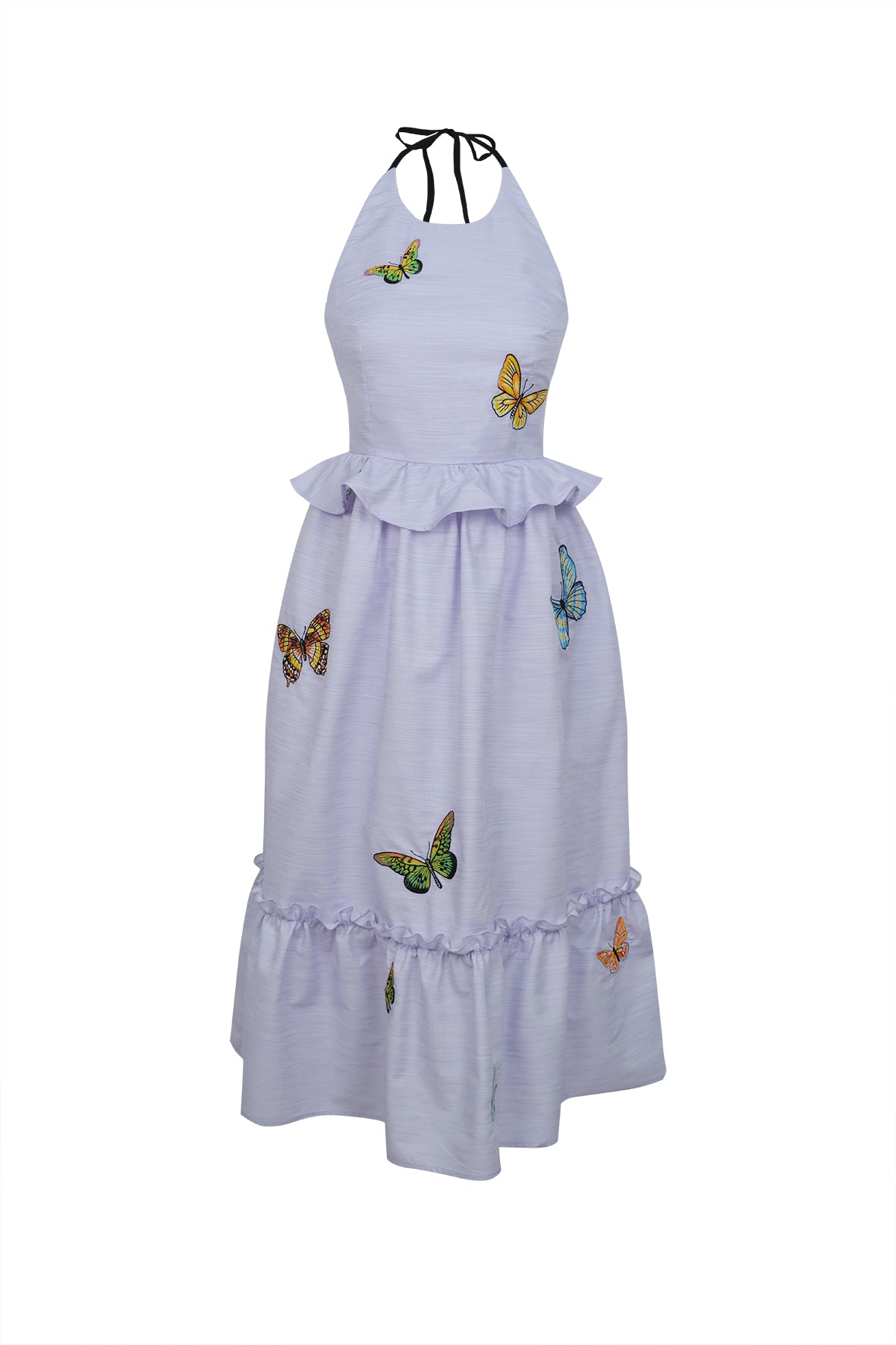 Fanm Mon Lilac halter dress with butterfly embroidery on a white background. 