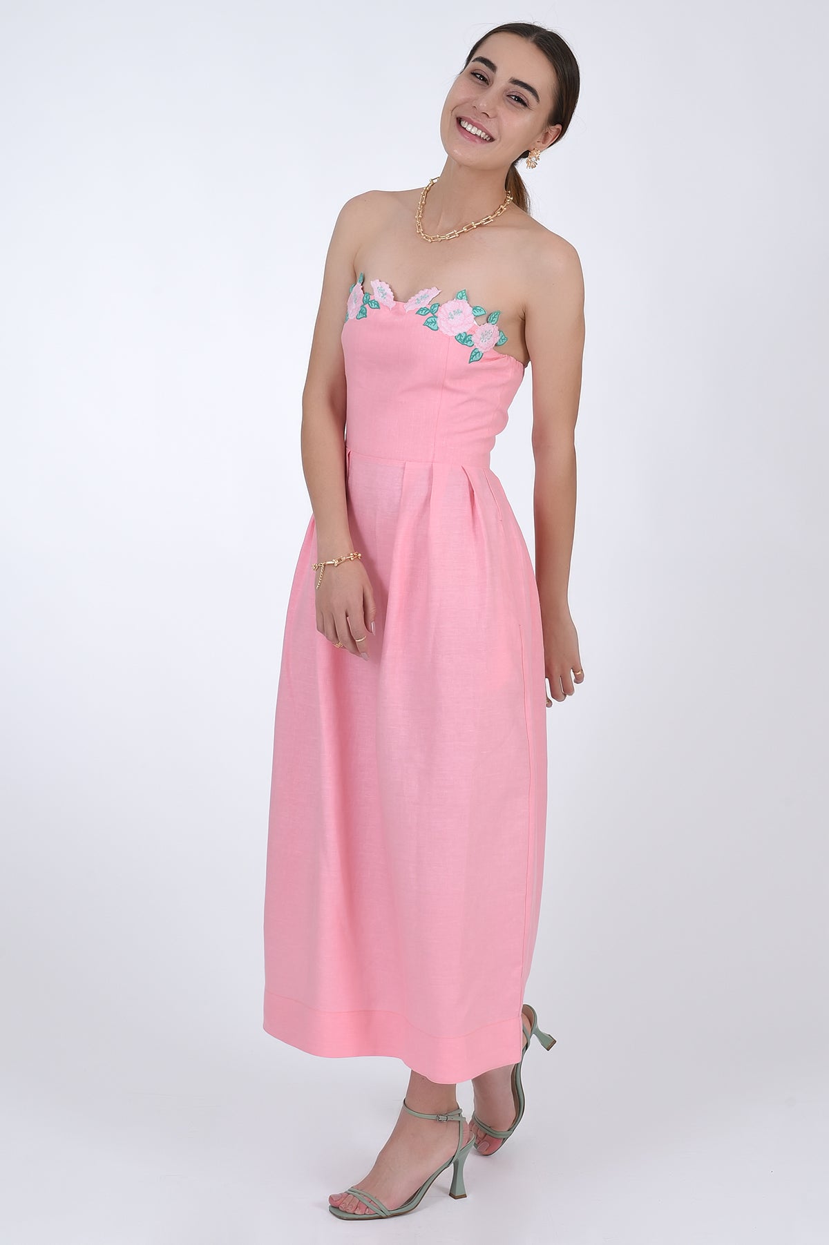 Strapless Linen Lorr Dress in Geranium Pink, Side View