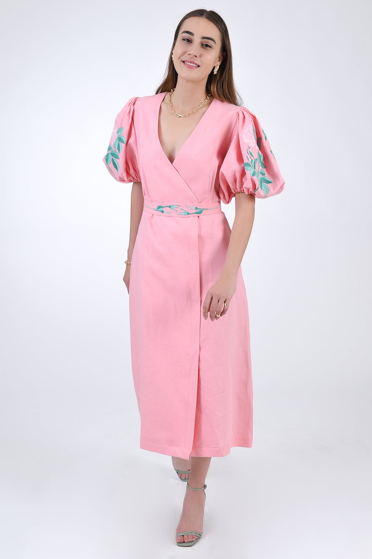 Luti Linen Wrap Dress in Geranium Pink, Front View.