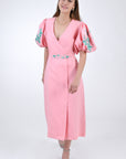 Luti Linen Wrap Dress in Geranium Pink, Front View.