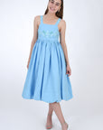 Fanm Mon Meliza 100% Linen Balloon Skirted Dress with Embroidered Detail, Front View. 