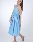  Meliza  Linen Balloon Skirted Dress with Embroidered Detail, Side View. 