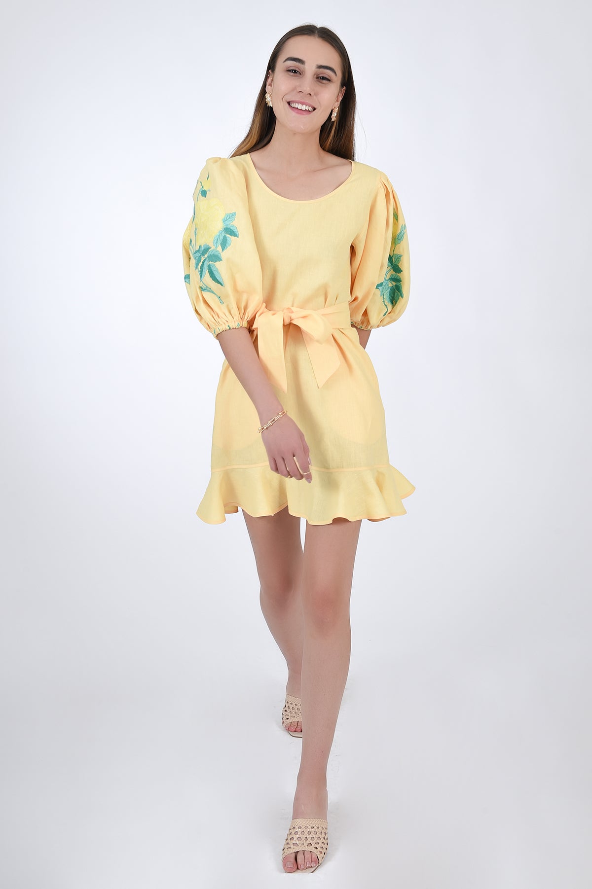 Naril Linen Dress with Puff Sleeve and Ruffle Hem Details, Front VIew.