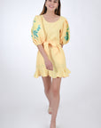 Naril Linen Dress with Puff Sleeve and Ruffle Hem Details, Front VIew.