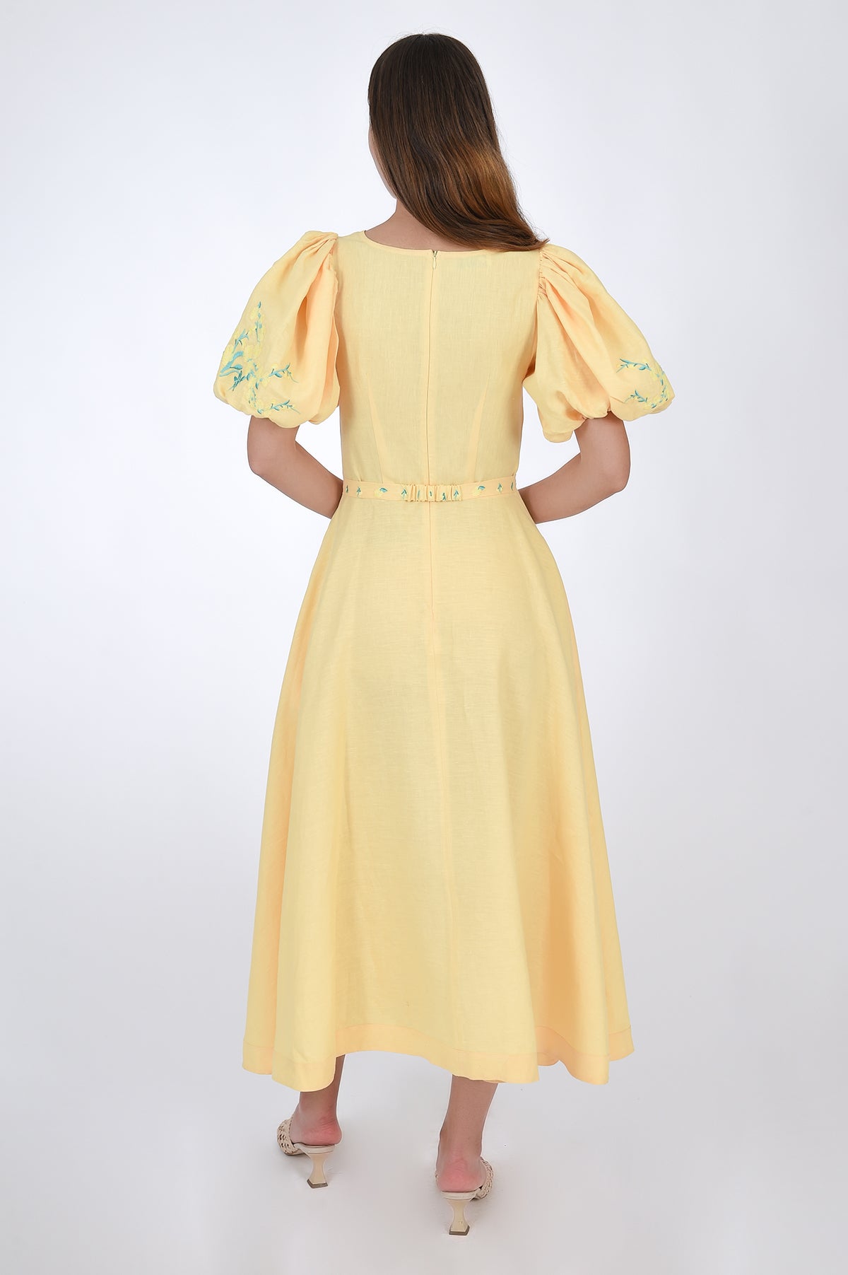 Nazz Linen Midi Dress with Puff Sleeves featuring Embroidery detail, Back View (showcasing back zipper). 