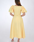 Nazz Linen Midi Dress with Puff Sleeves featuring Embroidery detail, Back View (showcasing back zipper). 
