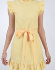 Fanm Mon Lakel Linen Choker Ruffle Neck Embroidered Mini Dress detail view of belt and embroidery. 