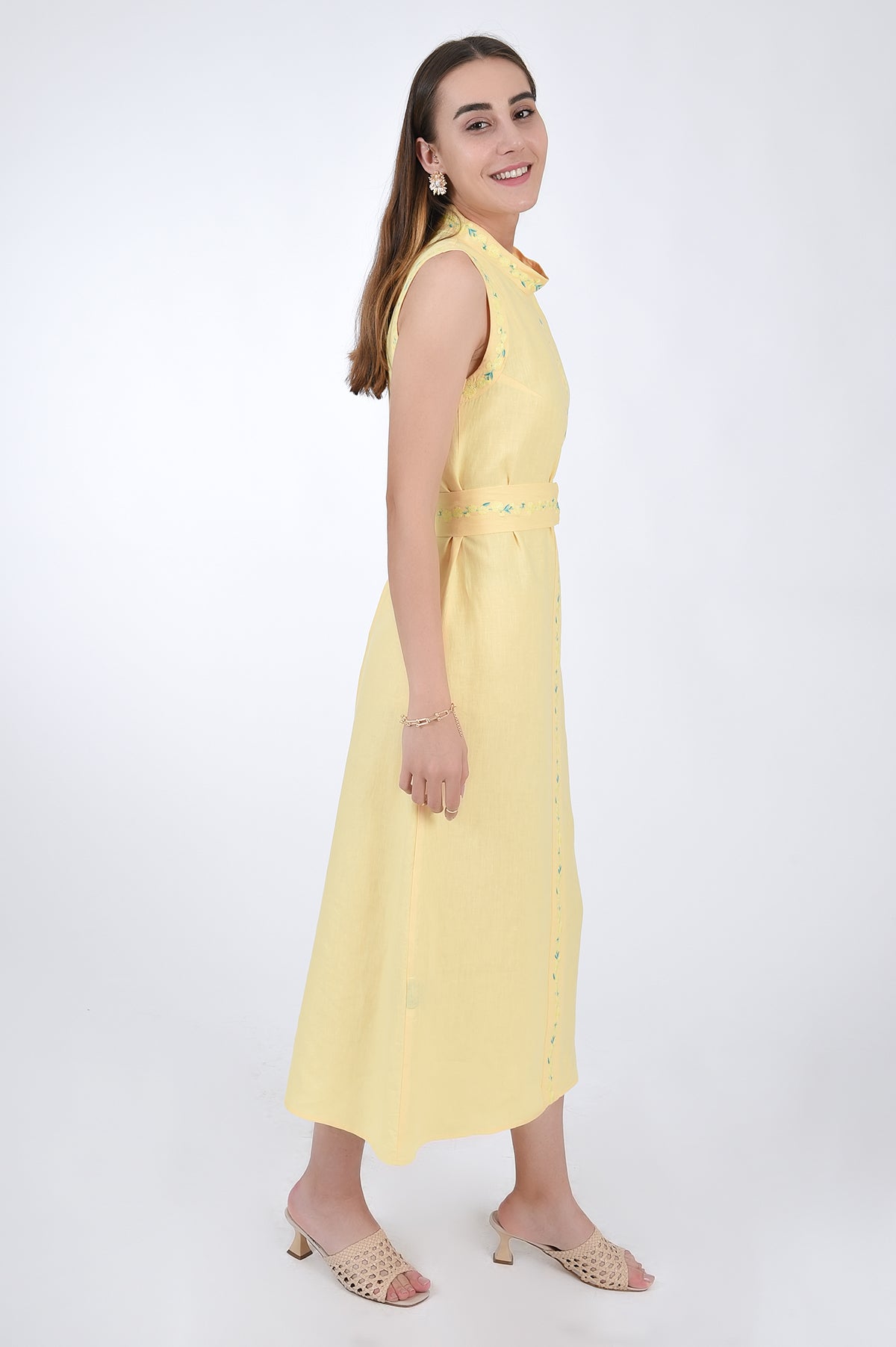 100% Linen Mara Sleeveless Dress, Side View. 
