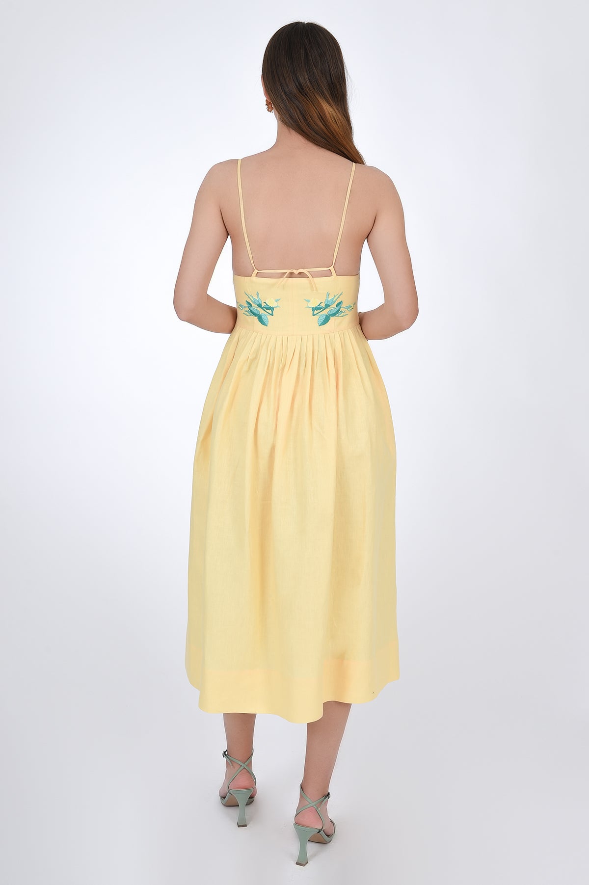 Fanm Mon Emile Embroidered Linen Dress, Back View. Midi Length Linen Dresswith a flattering silhouette features spaghetti straps. 