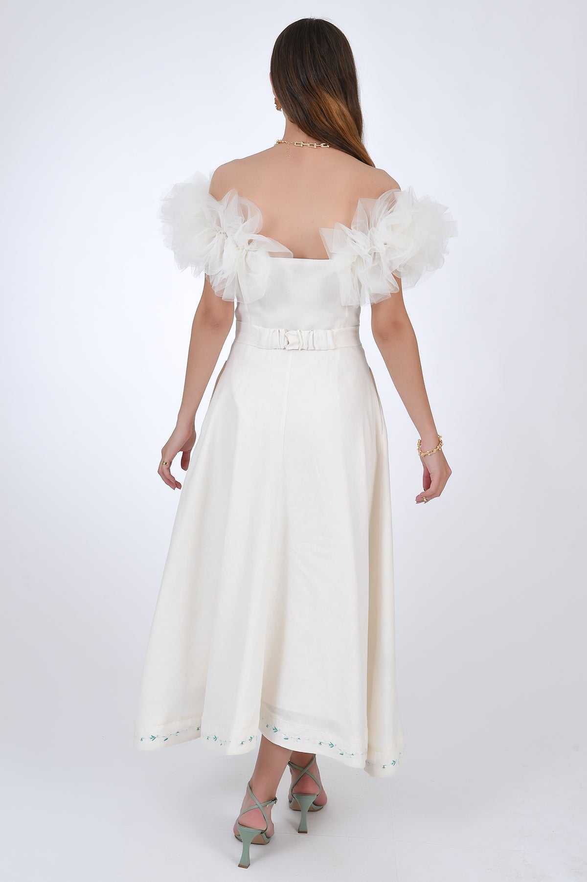 Back view of the Afyon Linen and Tulle Dress