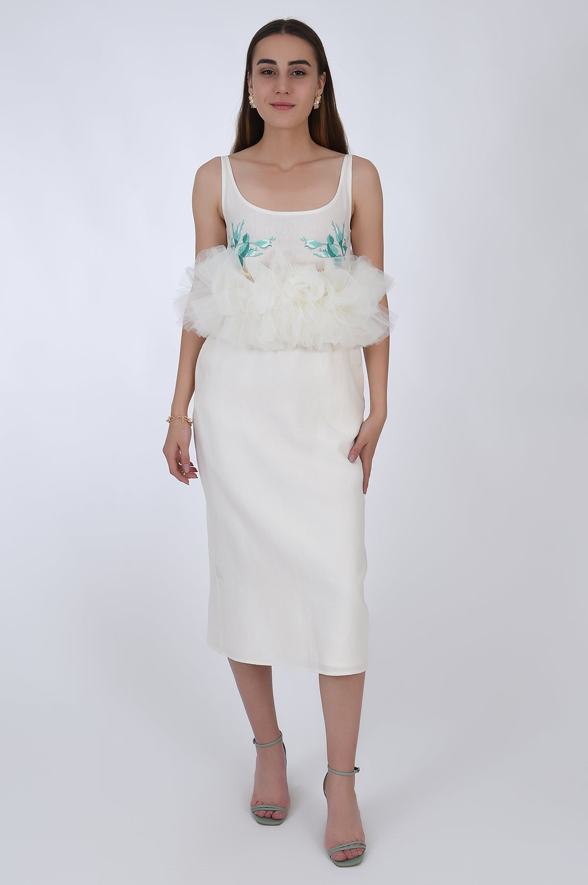 Fanm Mon Citra Linen &amp; Tulle Midi Dress, front view. Featuring embroidery detail at the chest, and tulling at the waist.  