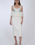 Fanm Mon Citra Linen & Tulle Midi Dress, front view. Featuring embroidery detail at the chest, and tulling at the waist.  
