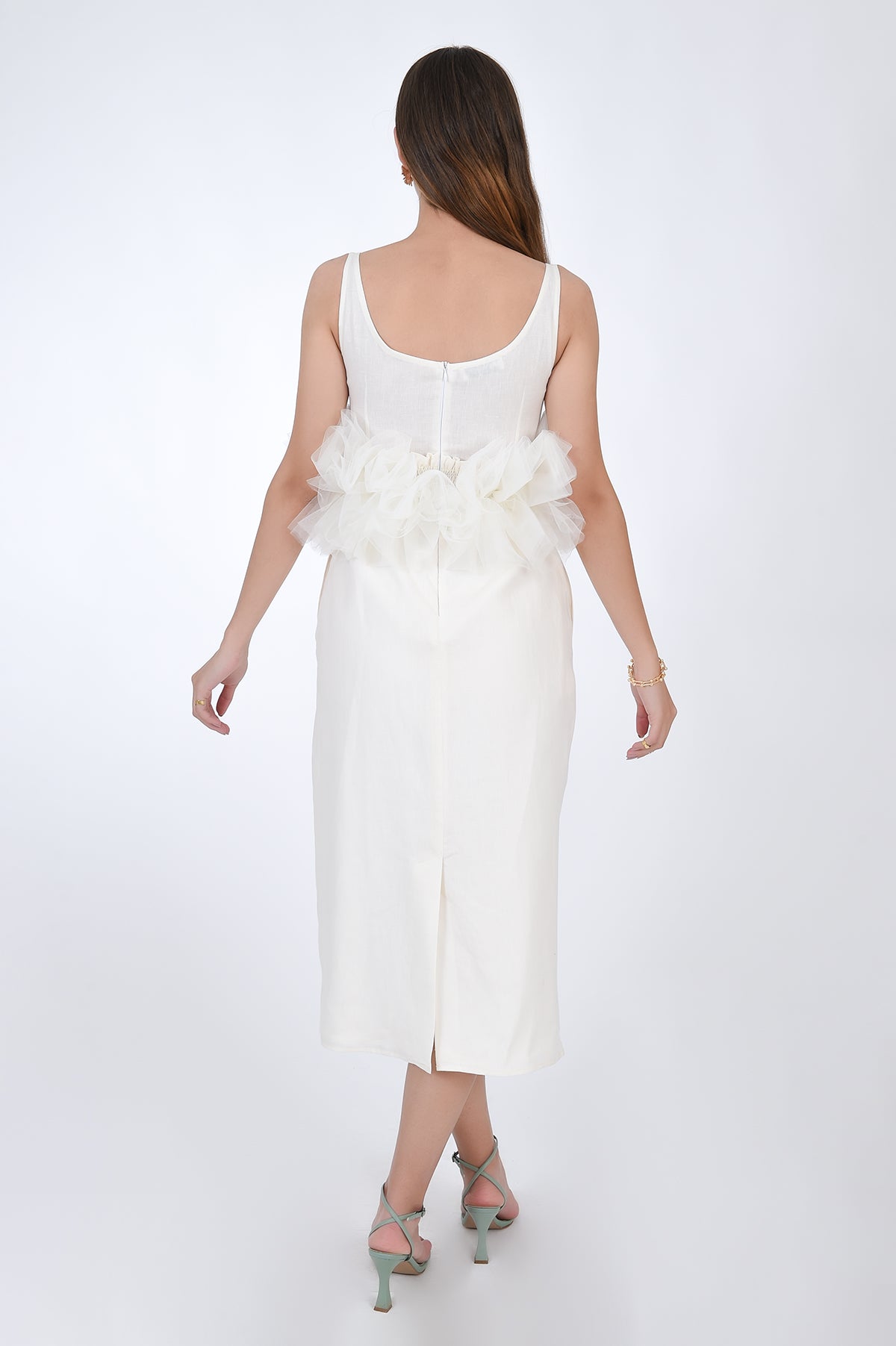 Fanm Mon Citra Linen &amp; Tulle Midi Dress, back view. Featuring embroidery detail at the chest, and tulling at the waist.  