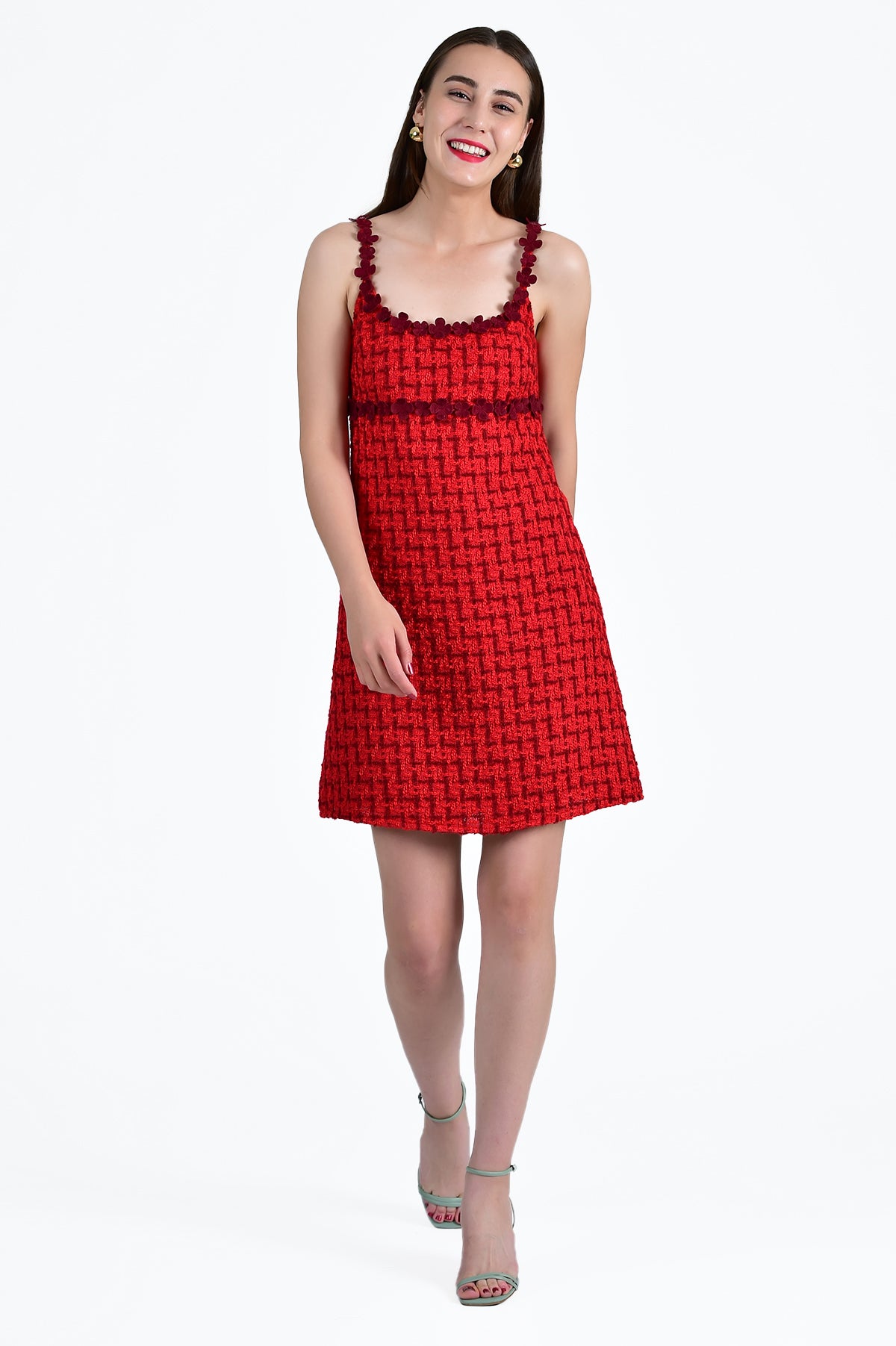 Emel Mini Dress with 3D Embroidery Details in Boucle Cherry