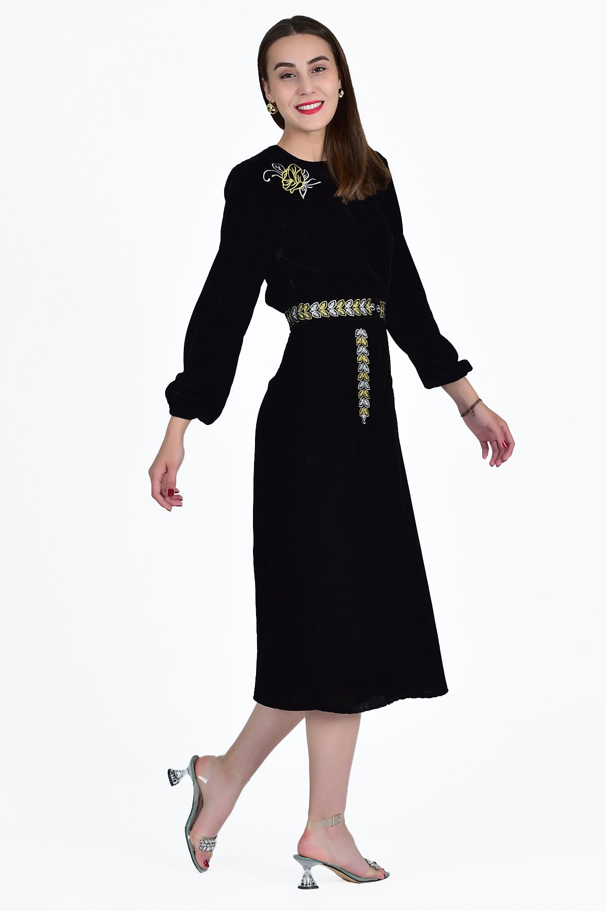 EZGI VELVET DRESS WITH ROSE FLORAL EMBROIDERY DETAIL SIDE VIEW