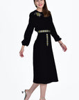 EZGI VELVET DRESS WITH ROSE FLORAL EMBROIDERY DETAIL SIDE VIEW