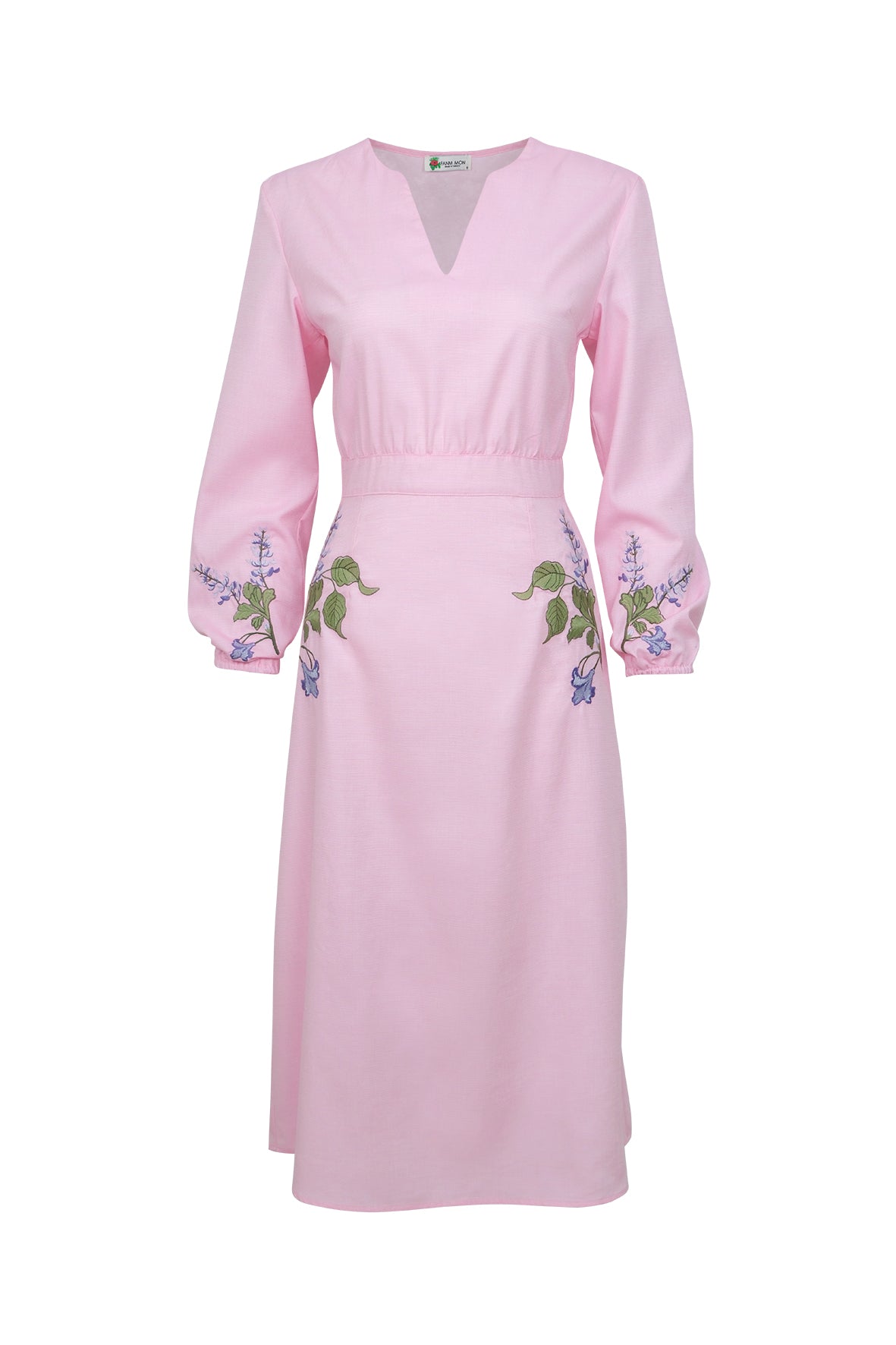 Pink dress with floral embroidery on a white background. Famn Mon Long Sleeve Ezra Dress.