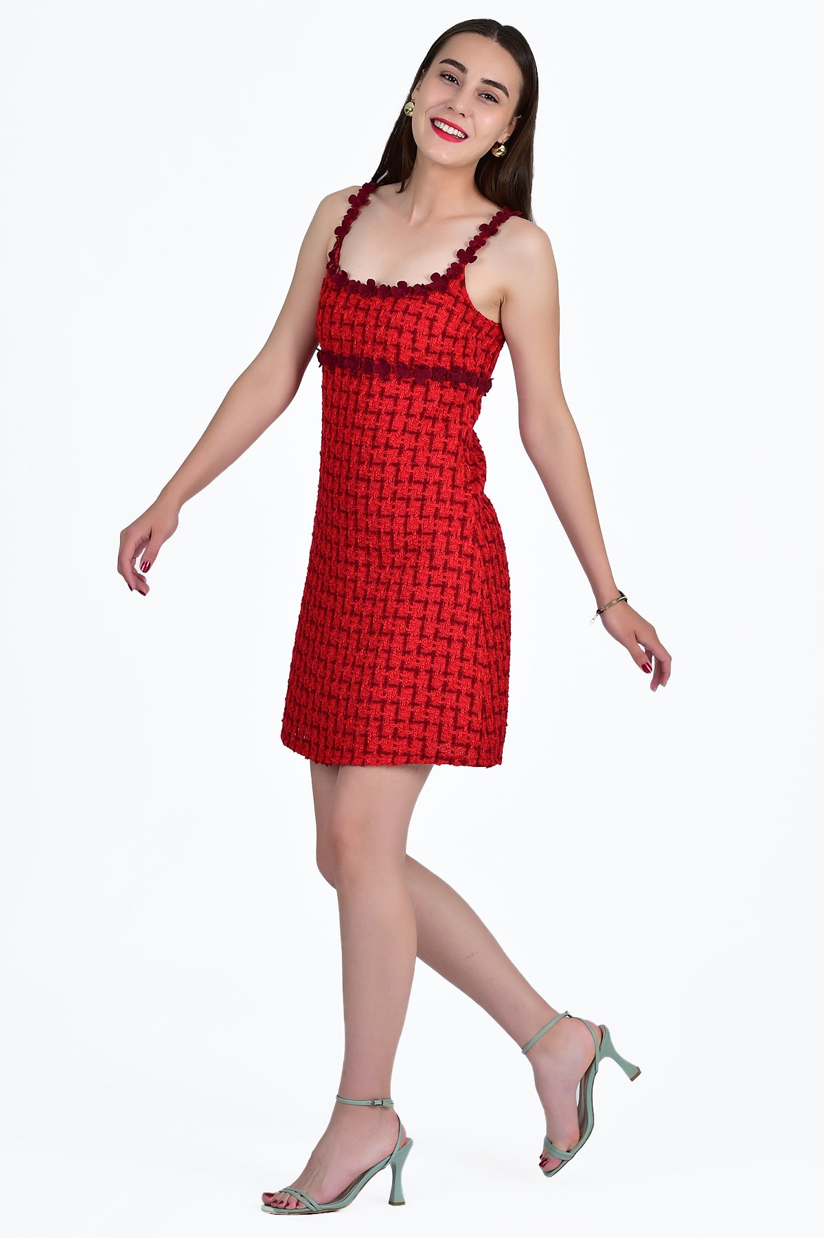 Emel Dress Side View in Textured Boucle Cherry Fabric with Floral Embroidery Details