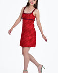 Emel Dress Side View in Textured Boucle Cherry Fabric with Floral Embroidery Details