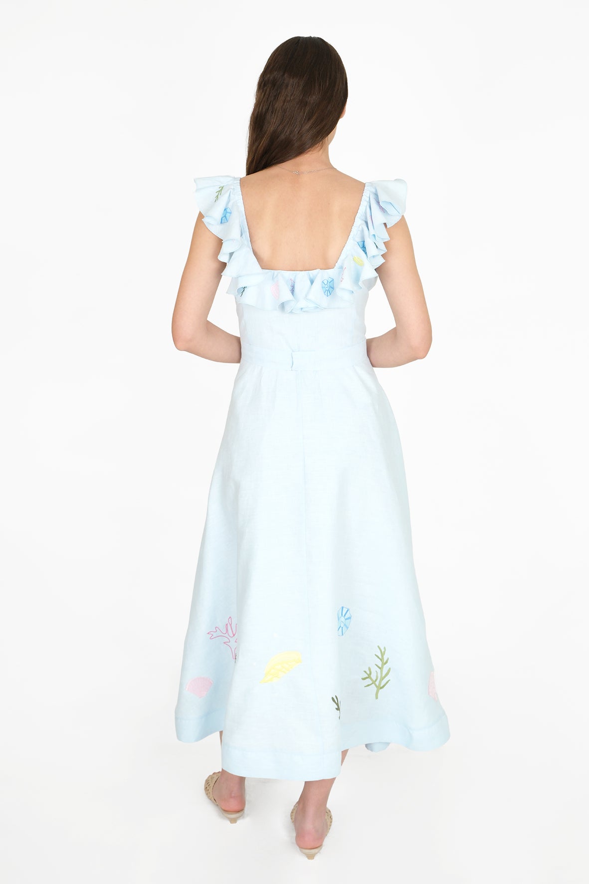 Back View of the Bella Dress with Ruffles and Sea-Inspired Embroidery Part of the Fanm Mon x Sarah Bray Collaboration 