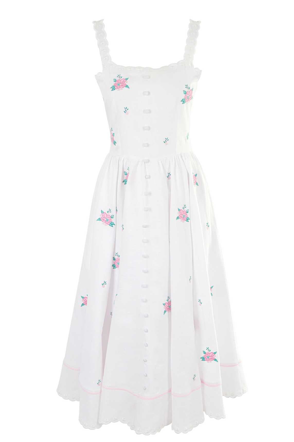 Fanm Mon x OTM Cathleen Midi Dress wtih Pink Floral Pink floral and Scallop Embroidery 