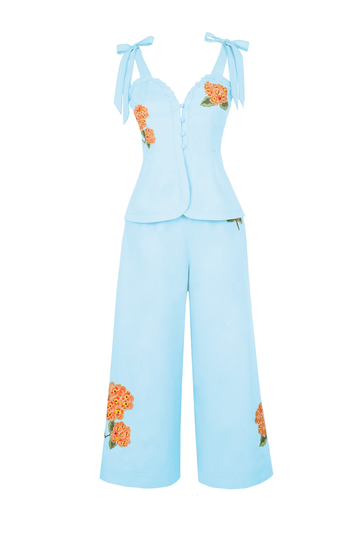 Fanm Mon Collette Set in light lagoon featuring a scalloped sweetheart top with adjustable shoulder bows, floral embroidery, and wide-leg cropped trousers