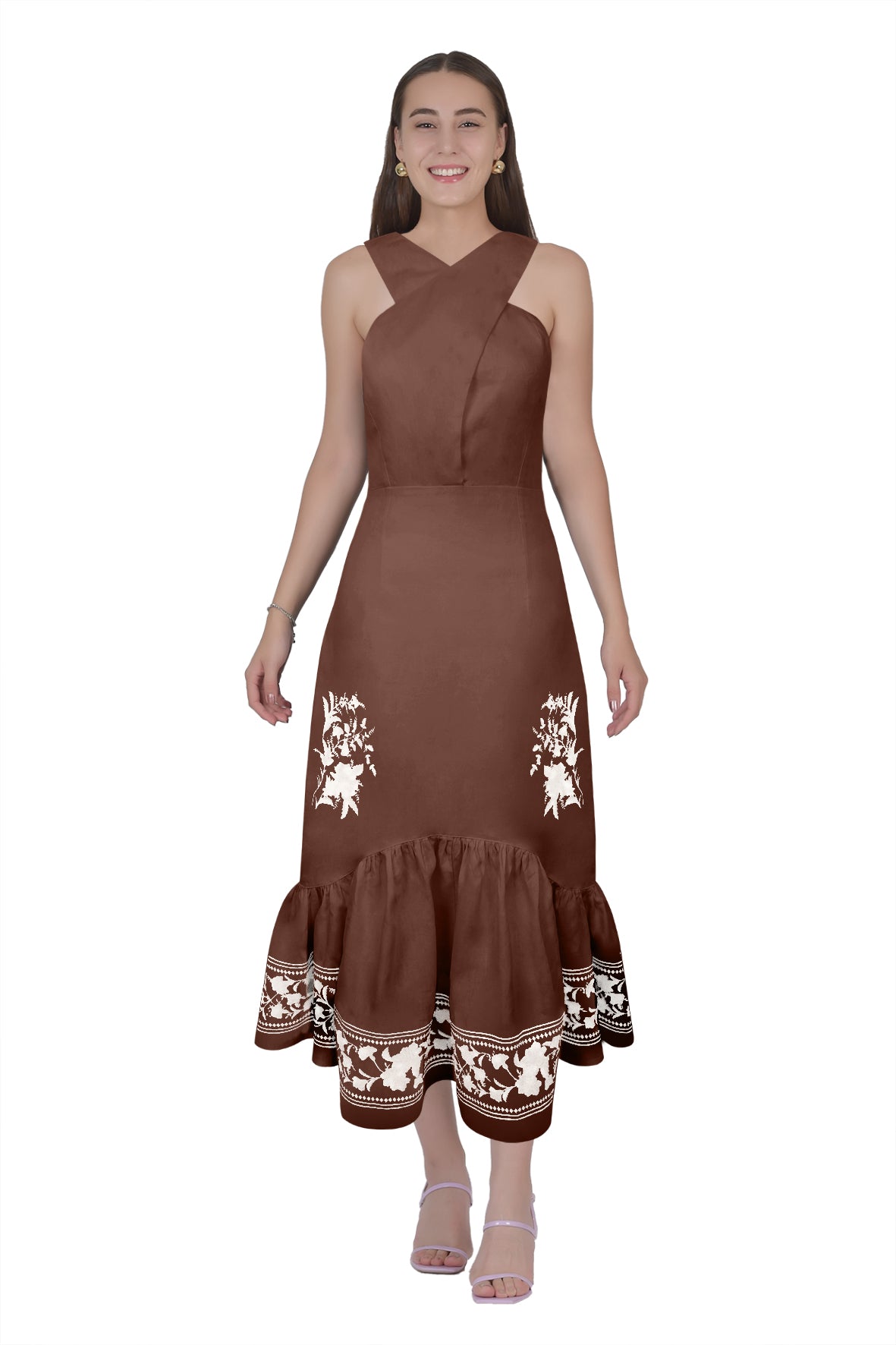 The Jane Dress in Espresso with white floral inspired embroidery details, part of the Fanm Mon & Janie Pierrepont Collab.