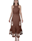 The Jane Dress in Espresso with white floral inspired embroidery details, part of the Fanm Mon & Janie Pierrepont Collab.