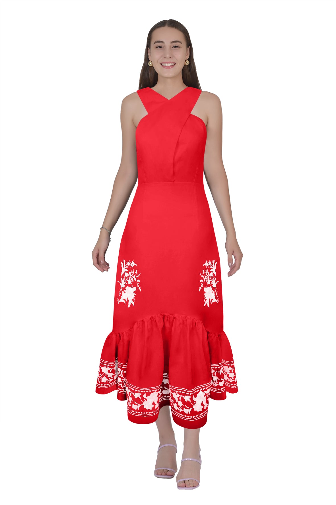 The Jane Dress in Red with white floral embroidery details and tuliped skirt. Part of the Fanm Mon x Janie Pierrepont Collab