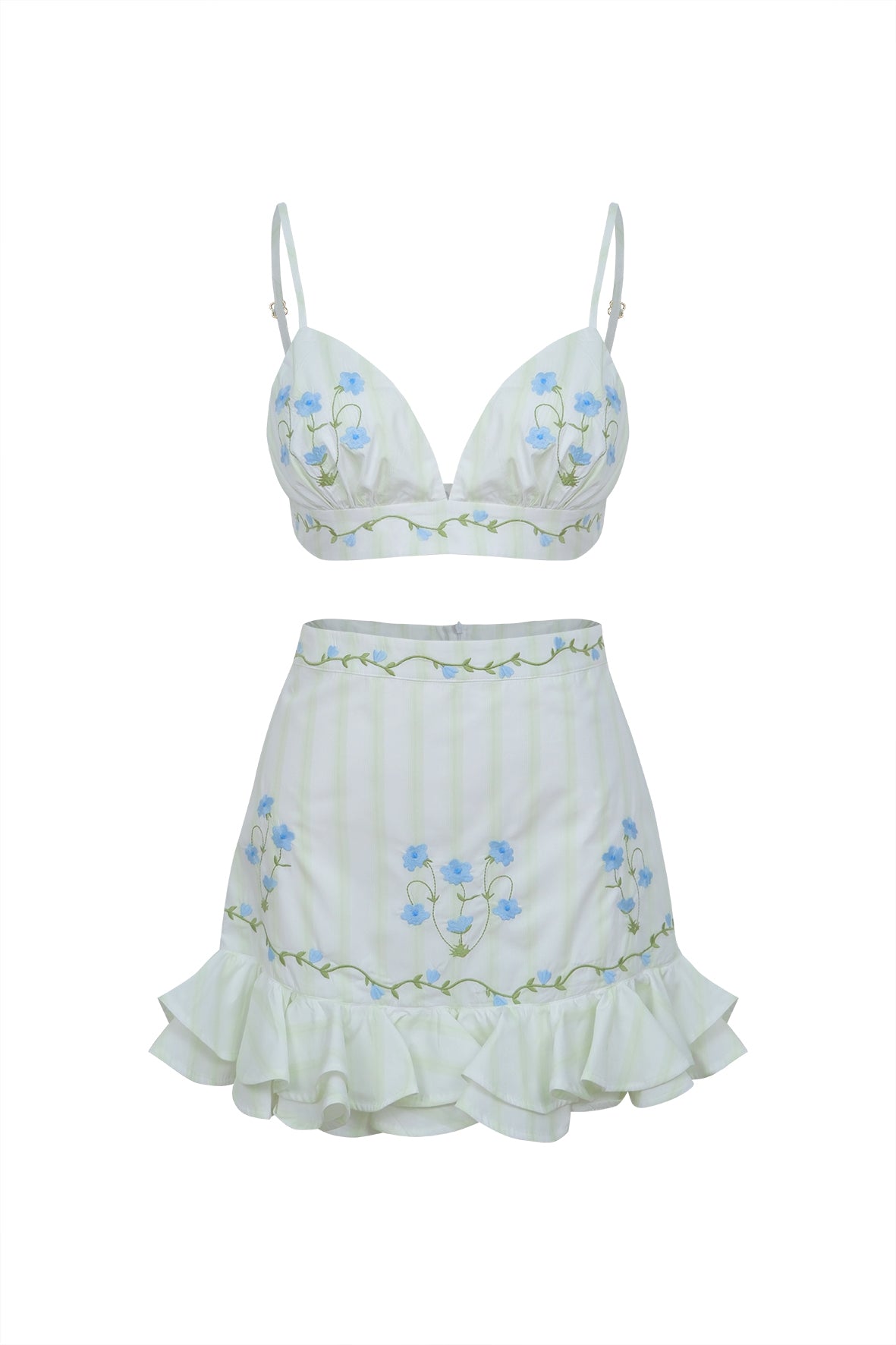 Fanm Mon Filiz Set on White Background. 2 Piece Floral embroidery bralette 2 piece skirt set.